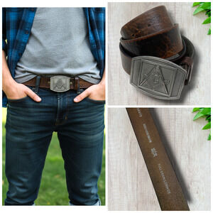 Vintage Fossil Sz 34 Brown Leather Belt 1977 Bergamot Brass Works Masonic Buckle